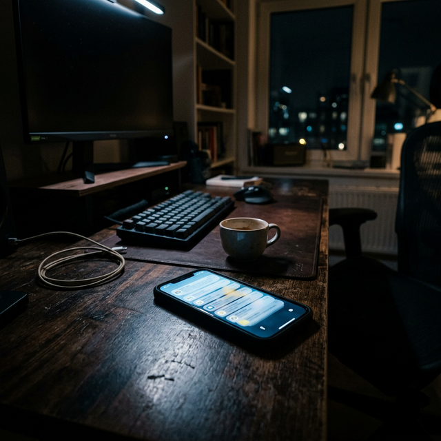 Phone glowing on desk in dark room representing notification pull