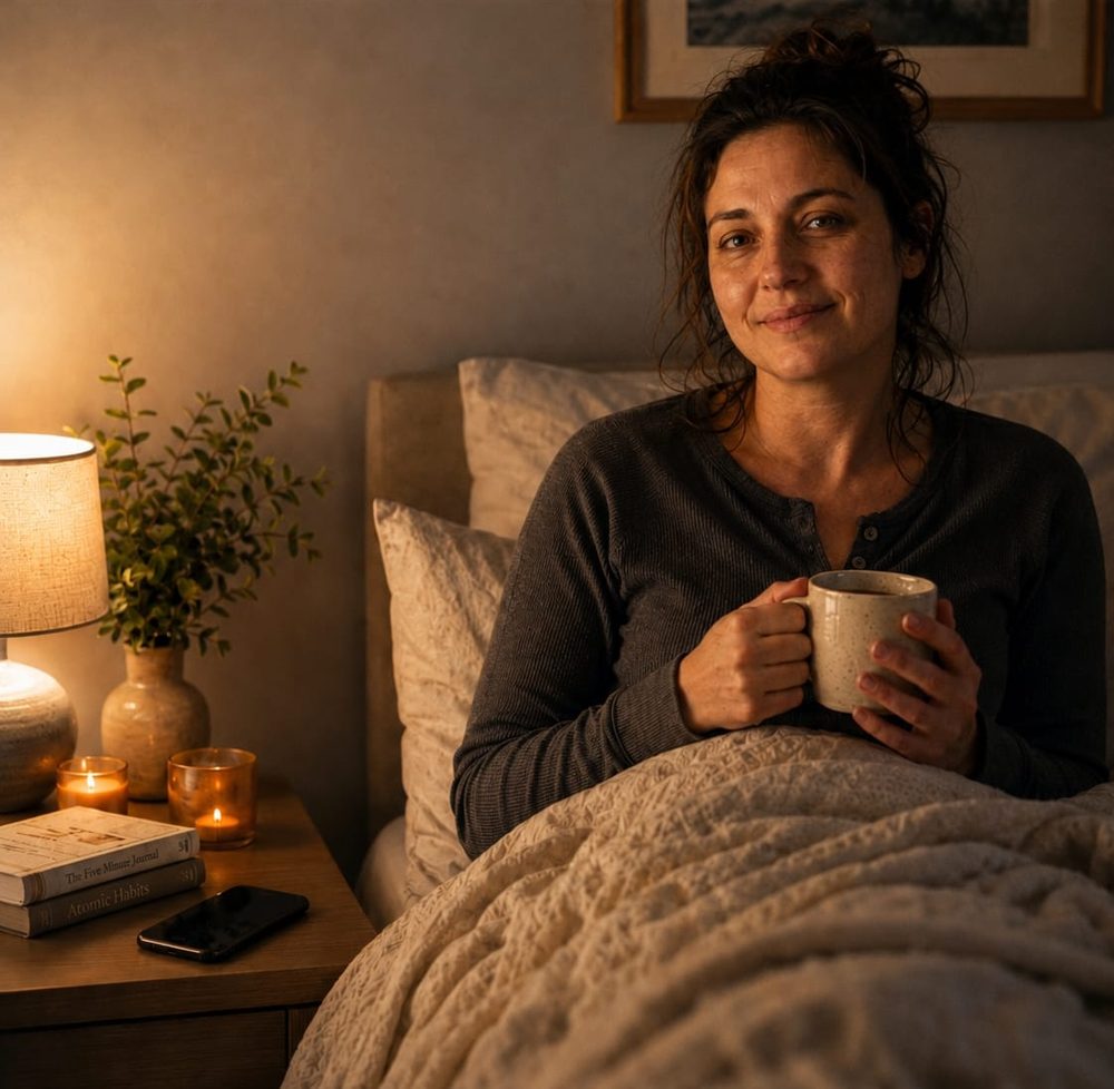 A person sitting up in bed at night holding a warm mug, phone resting face down on the nightstand