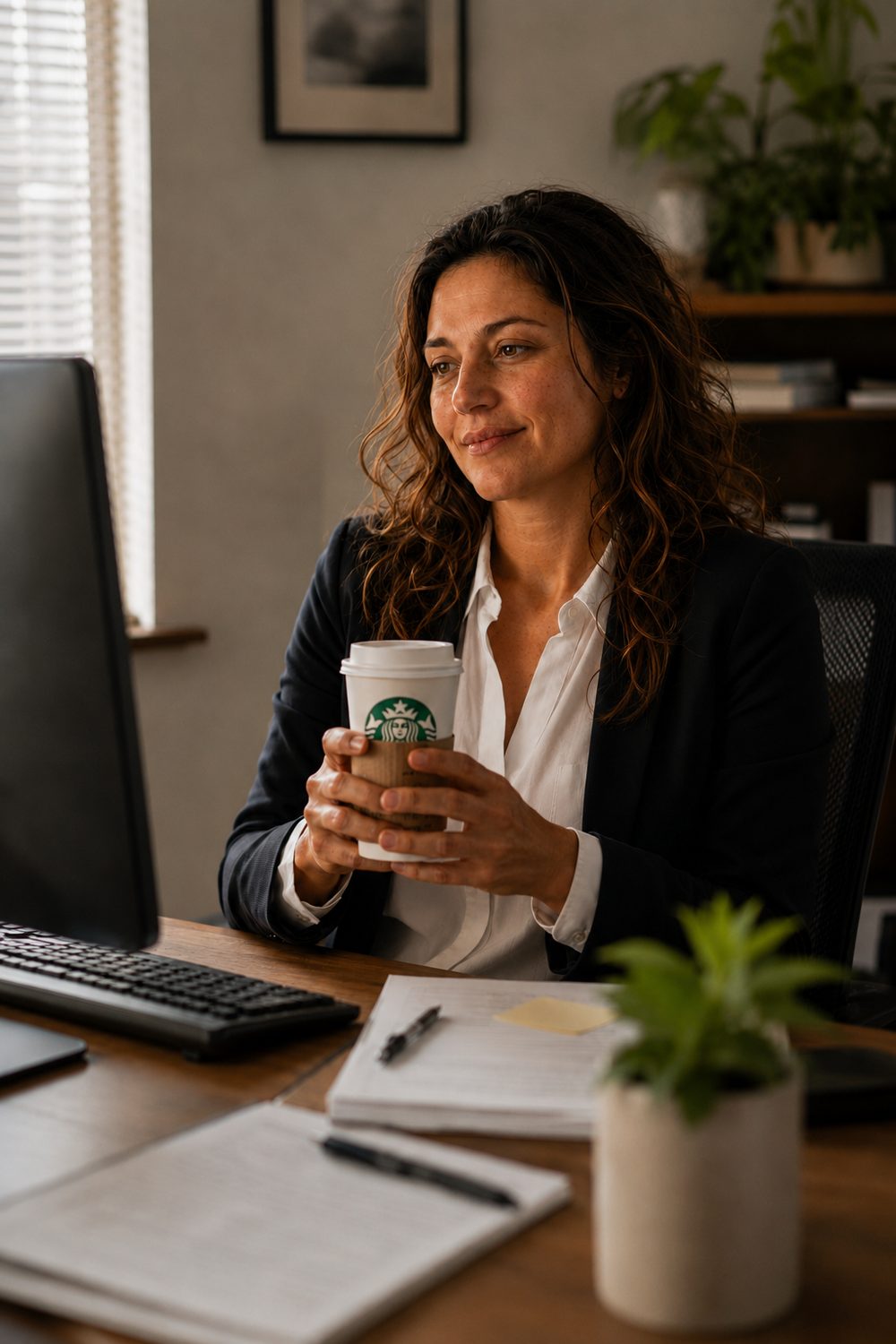The same person sitting at her office desk with a coffee, looking tired during a workday