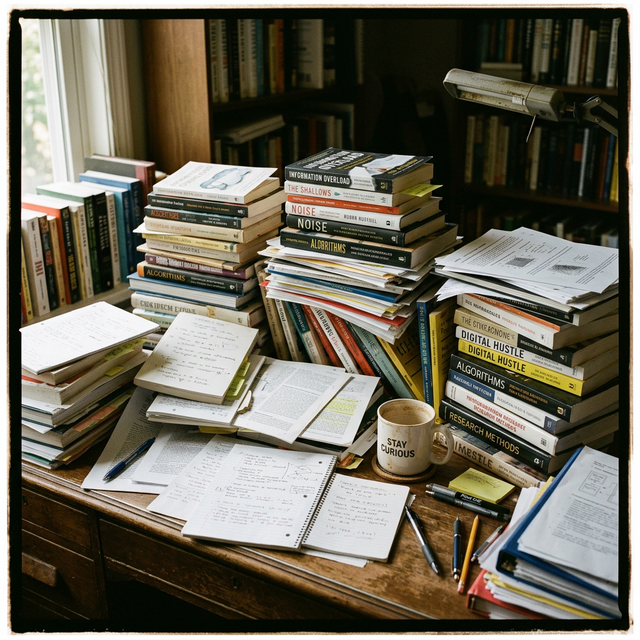 Stacks of books and papers representing deep learning materials