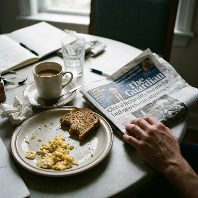 Person reading a newspaper with breakfast on the table