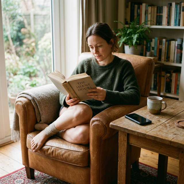 Person reading a book peacefully in an armchair