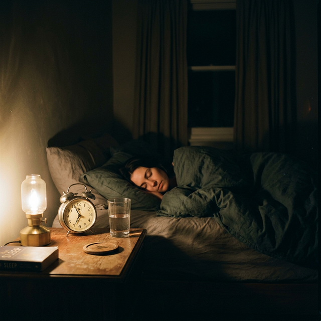 Person sleeping peacefully with an alarm clock on the nightstand