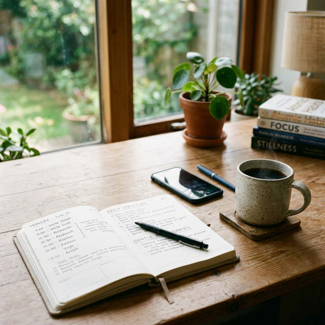 Open planner with phone and coffee on a desk representing structured scheduling