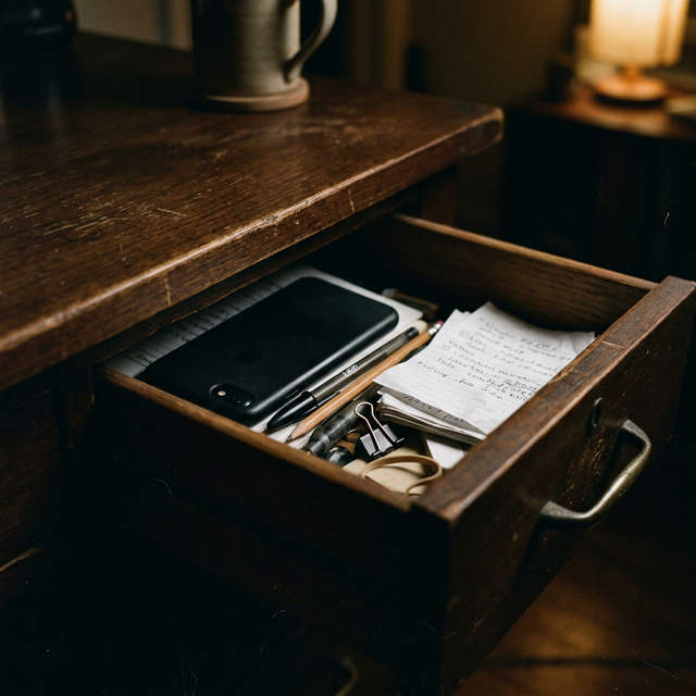 Phone stored away in a wooden drawer representing strict app blocking