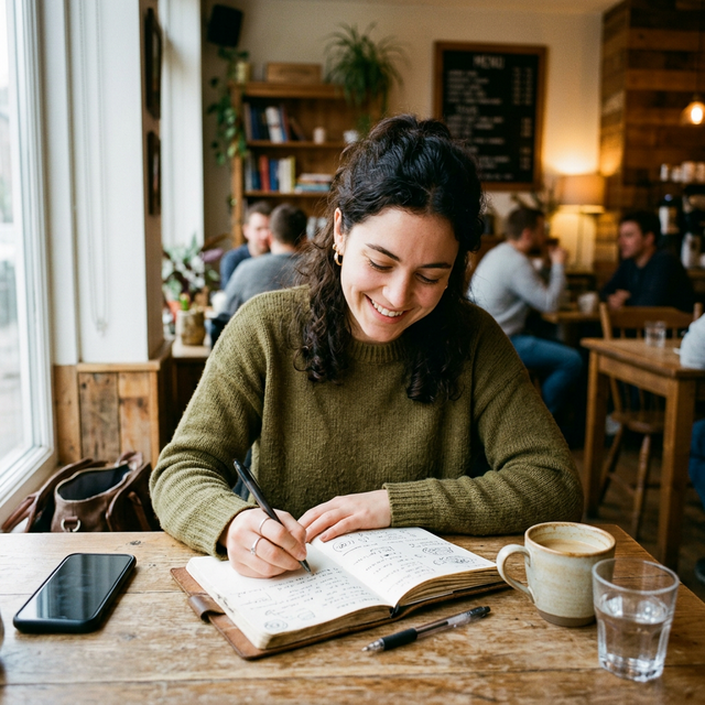 Woman writing in a journal at a cafe representing positive reinforcement habits