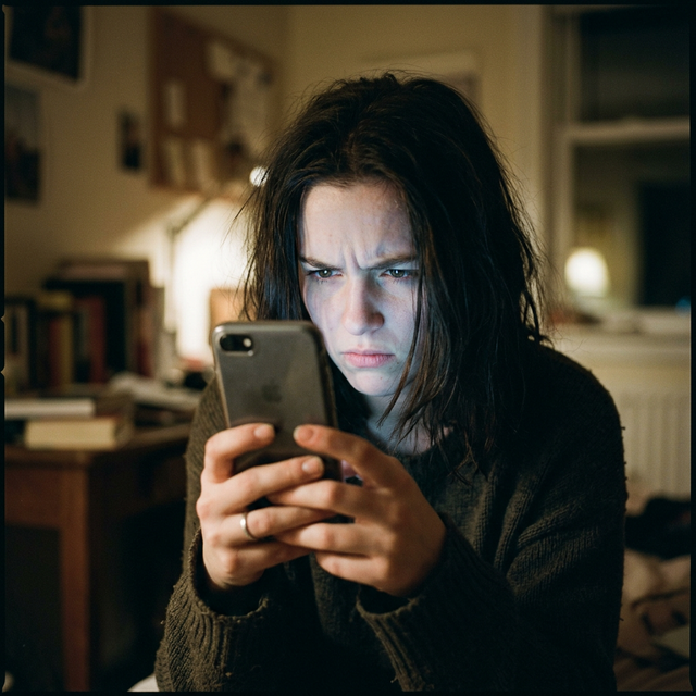 Person staring at their phone with a frustrated expression