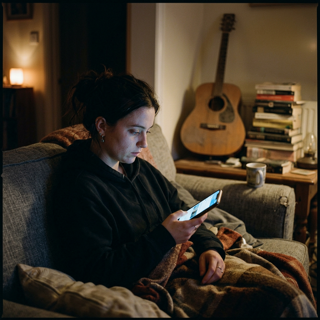 Person scrolling through their phone on a couch in dim light