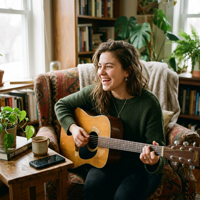 Woman playing guitar and laughing, enjoying time away from screens