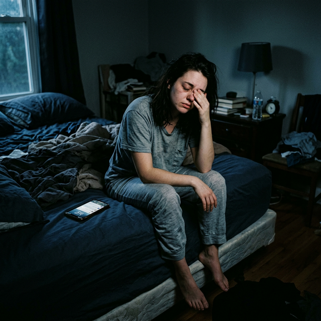 Person sitting on a bed looking upset after a long scrolling session