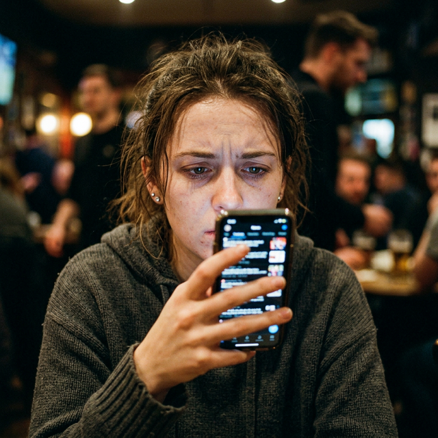 Person staring at their phone in a crowded bar, disconnected from the moment