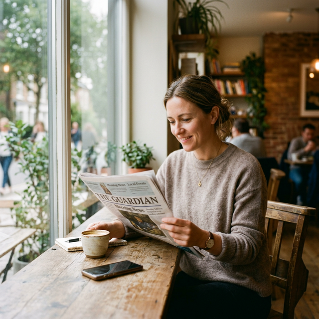 Woman reading a newspaper peacefully at a cafe with coffee